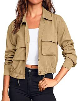 Yimoon Lässige Cropped-Jacken für Damen, Militär, Safari-Knopf, Kordelzug, leicht, Utility-Anorak-Mantel mit Taschen, Khaki, M von Yimoon