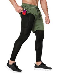 Yimutian Herren 2 in 1 Laufhose lang mit Taschen, Schnelltrocknende und Atmungsaktiv Sport Leggings für Joggen, Training, Fitness Armeegrün L von Yimutian