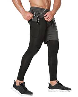 Yimutian Herren 2 in 1 Laufhose lang mit Taschen, Schnelltrocknende und Atmungsaktiv Sport Leggings für Joggen, Training, Fitness Dunkelgrau XXL von Yimutian