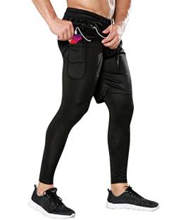 Yimutian Herren 2 in 1 Laufhose lang mit Taschen, Schnelltrocknende und Atmungsaktiv Sport Leggings für Joggen, Training, Fitness Schwarz M von Yimutian