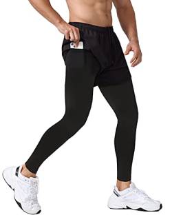 Yimutian Herren 2 in 1 Sport Leggings Lange, Kompressionshose Schnelltrocknende Trainingshose Laufhose für Joggen, Fitness Schwarz S von Yimutian