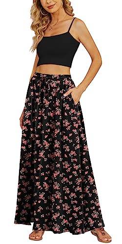 Yincro Damen Flowy Maxi Rock Sommer Plissee Hohe Taille Casual Lange Röcke mit Taschen, Pink Flower Black, Groß von Yincro