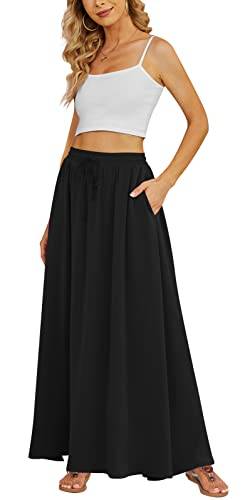 Yincro Damen Flowy Maxi Rock Sommer Plissee Hohe Taille Casual Lange Röcke mit Taschen, Schwarz, Groß von Yincro