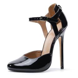 Yinghesheng Damen Pumps 15cm Stiletto Lack Leather High Heels Knöchelriemen Spangen Sandalen,Black patent Leather,44 EU von Yinghesheng