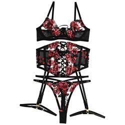 Damen Dreiteilige Liebesblume Sexy Unterwäsche Stickerei Schwere Handwerk Nähte Unterwäsche Schnürung Sexy Unterwäsche Träger Beinring Dessous Top für Frauen (Schwarz, M) von Yinguo