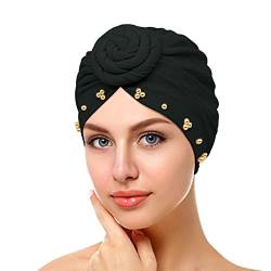 Damen-Stirnbänder, elastisch, einfarbig, bequem, mit Perlen, große Kappe für Damen, nicht glatt, C-Schwarz, Einheitsgröße von Yinguo