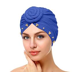Damen-Stirnbänder, elastisch, einfarbig, bequem, mit Perlen, große Kappe für Damen, nicht glatt, Einheitsgröße, Blau von Yinguo