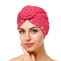 Damen-Stirnbänder, elastisch, einfarbig, bequem, mit Perlen, große Kappe für Damen, nicht glatt, Einheitsgröße, Hot Pink von Yinguo