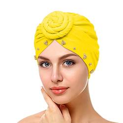 Damen-Stirnbänder, elastisch, einfarbig, bequem, mit Perlen, große Kappe für Damen, nicht glatt, Gelb, Einheitsgröße von Yinguo