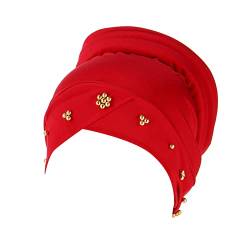 Damen große elastische einfarbige bequeme flache Mütze, einfarbige Nagelperle, Schwammkappe, Schweißbänder für Herrenkopf (Rot #1, Einheitsgröße) von Yinguo