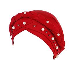 Große, elastische, einfarbige, bequeme flache Mütze, einfarbig, Perlengeflechtkappe, nicht glatte Stirnbänder (b-Rot, Einheitsgröße) von Yinguo