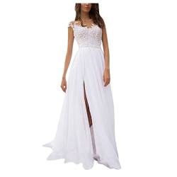 Yinguo Damen Elegant Hochzeitskleid Spitze V-Ausschnitt Abendkleid Brautkleid Kleid Spitze Chiffon Kleid Split Hochzeitskleid V Ausschnitt Kleid für Frauen Sommer, weiß, Medium von Yinguo