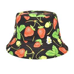 Yinguo Knit Bucket Hat Strawberry Printed Fisherman's Hat Damen Fresh Visor Hat Herren Outdoor Casual Doppelseitige Hut, Schwarz , Einheitsgröße von Yinguo