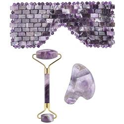 Jade Augenmaske Set, Roller Gua Sha Werkzeug 3pcs Amethyst Gesichtsroller Gua Sha Board Pflege Augenbinde Schönheitsmassage Tool Kit von Yinhing