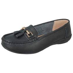 Damen Mokassin aus echtem Leder, mit Quasten, flach, maritim, Bootsschuhe, Loafers, Größe 36-42, Schwarz breit, 39 EU von Yinka Shoes