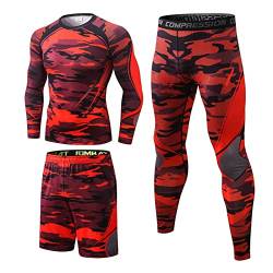 Herren 3 Stück Workout Kleidung Outfit Fitness Bekleidung Laufanzüge Kompressionshose Langarm Shirt Laufshorts Tarnung Rot XXL von Yishengwan