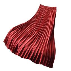 Lang Faltenröcke Damen Elastische Hohe Taille Swing Rock Plisseerock Rot M von Yishengwan