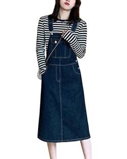 Yishengwan Damen Latzrock Jeans Latzkleid Mid Lang Trägerrock Jeansrock Overall mit Taschen Dunkelblau L von Yishengwan