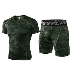 Yishengwan Herren 2 Stück Workout Kleidung Outfit Fitness Bekleidung Laufanzüge Kompressionsshorts Kurzarm Laufshirt Armeegrün M von Yishengwan