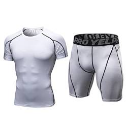 Yishengwan Herren 2 Stück Workout Kleidung Outfit Fitness Bekleidung Laufanzüge Kompressionsshorts Kurzarm Laufshirt Weiß M von Yishengwan
