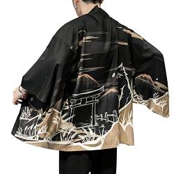 Yishengwan Herren Japanische Kimono Cardigan Jacke Robe Drucken Haori Jacke Cardigan Jacke Robe Open Front Kostüm Bademantel Nachtwäsche 02 Schwarz 3XL von Yishengwan