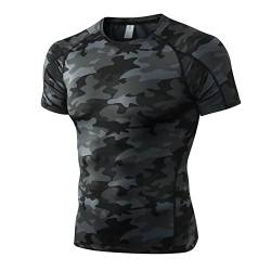 Yishengwan Herren Kompressionsshirt Kurzarm Funktionsshirt Schnelltrocknend Laufshirt Sportshirt Fitnessshirt für Männer Tarnfarbe Schwarz S von Yishengwan