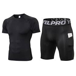 Yishengwan Herren Workout Kleidung Outfit Fitness Bekleidung Gym Männer Kompressionsshorts Kurzarm Laufshirt 2 Stück Schwarz M von Yishengwan