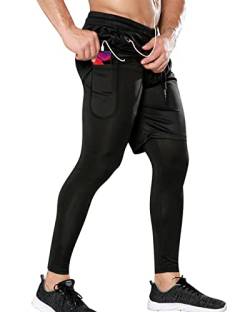 Yishengwan Kompressionshose Herren Sport Leggings mit Shorts 2 in 1 Tights Lang Funktionshose Laufhose mit Taschen für Männer Schwarz S von Yishengwan