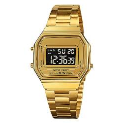 Yissone Digitale Armbanduhr mit Edelstahlband, LED-Hintergrundbeleuchtung, wasserdicht, stilvolle Armbanduhr für Herren, gold von Yissone