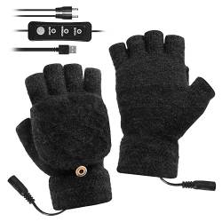 Yissone USB Beheizte Handschuhe Winter Elektrische Heizhandschuhe Voller Und Halber Finger Gestrickte Hände Wärmer 3 Temperatureinstellungen für Frauen Damen Männer (Schwarz) von Yissone