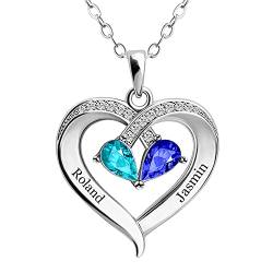 Personalisierte Herz Halskette Sterling Silber Mutter Tochter Kette Damen Anhänger mit Namen und Steine Gravur Namenskette Geschenk für Muttertag Valentinstag Weihnachten (Silber) von Yitoes