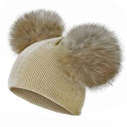 Yixda Baby Mütze Jungen Mädchen Fellbommel Pom Pom Winter Strickmütze Beanie (Beige) von Yixda