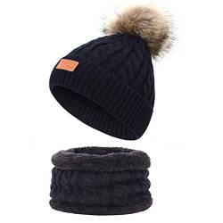 Yixda Baby Mütze Schal Set Mädchen Jungen Warm Fellbommel Beanie Hüte (A1-Schwarz) von Yixda