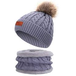 Yixda Baby Mütze Schal Set Mädchen Jungen Warm Fellbommel Beanie Hüte (A5-Grau) von Yixda