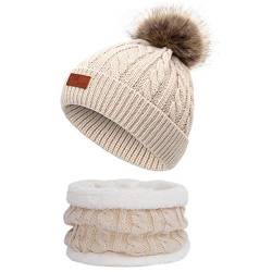 Yixda Baby Mütze Schal Set Mädchen Jungen Warm Fellbommel Beanie Hüte (A6-Beige) von Yixda