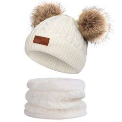 Yixda Baby Mütze Schal Set Mädchen Jungen Warm Fellbommel Beanie Hüte (B4-Weiß) von Yixda