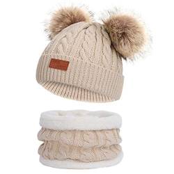 Yixda Baby Mütze Schal Set Mädchen Jungen Warm Fellbommel Beanie Hüte (B6-Beige) von Yixda