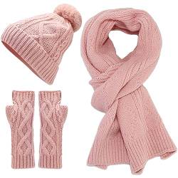 Yixda Damen Mütze Schal Handschuhe Set Gestrickt Strickschal Beanie Hut Handwärmer Winterset (Rosa) von Yixda