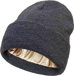 Yixda Damen Winter Beanie Mütze Satin gefütterte Warme Strickmütze Slouchy Skull Cap (Dunkelgrau) von Yixda