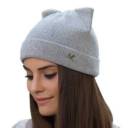 Yixda Damen Winter Strickmütze Warme Mode Beanie Mütze Katze Ohr Mütze (Grau) von Yixda