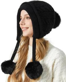 Yixda Damen Wintermütze Strickmütze Pom Pom Beanie Mütze mit Ohrenklappe(Schwarz) von Yixda