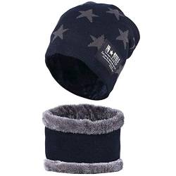 Yixda Herren Warm Beanie Mütze Winter Strickmütze und Schal mit Fleecefutter (Navy Blau) von Yixda