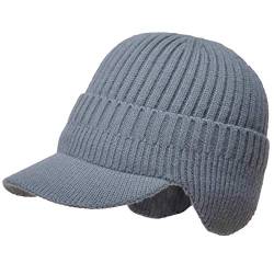 Yixda Herren Wintermütze mit Schirm Visor Beanie Cap Ohrenschutz Warm Strickmütze (Grau) von Yixda