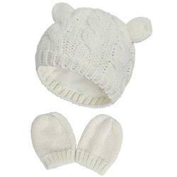 Yixda Neugeborene Baby Mütze und Handschuhe Set Kleinkind Winter Strickmütze Hüte (Weiß 2, 3-6 Monate) von Yixda