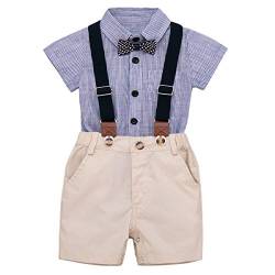 Yixius Baby Jungen Gentleman Outfit Anzüge, Kurzarm Strampler Shirt Hosenträger Hose Fliege Sommer Kleidung Sets (0-3 Monate, Blau gestreift) von Yixius