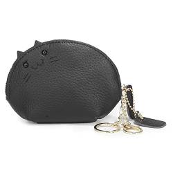 Yizelli Süße Katze Geldbörse Mini Geldbörse Leder Geldbörse mit Schlüsselanhänger Reißverschluss für Damen Mädchen (Schwarz) von Yizelli