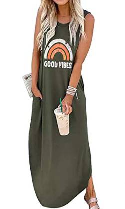 Ykomow Sommerkleid Good Vibes Maxikleid Damen Ärmellos Grafik Strand T Shirt Kleider Boho Kleid Damen Lang (L, Grün) von Ykomow