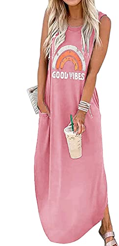 Ykomow Sommerkleid Good Vibes Maxikleid Damen Ärmellos Grafik Strand T Shirt Kleider Boho Kleid Damen Lang (L, Rosa) von Ykomow