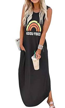 Ykomow Sommerkleid Good Vibes Maxikleid Damen Ärmellos Grafik Strand T Shirt Kleider Boho Kleid Damen Lang (L, Schwarz) von Ykomow