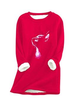 YMING Damen Warm Plüsch Pullover Rundhals Sweatshirt Langarm Pullover Teddy Fleece Pullover, Katze rot, 46 von Yming